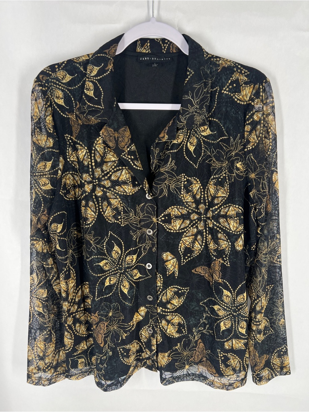 Jane + Delancey Butterfly Floral Mesh Button Front Top Black Gold Size L